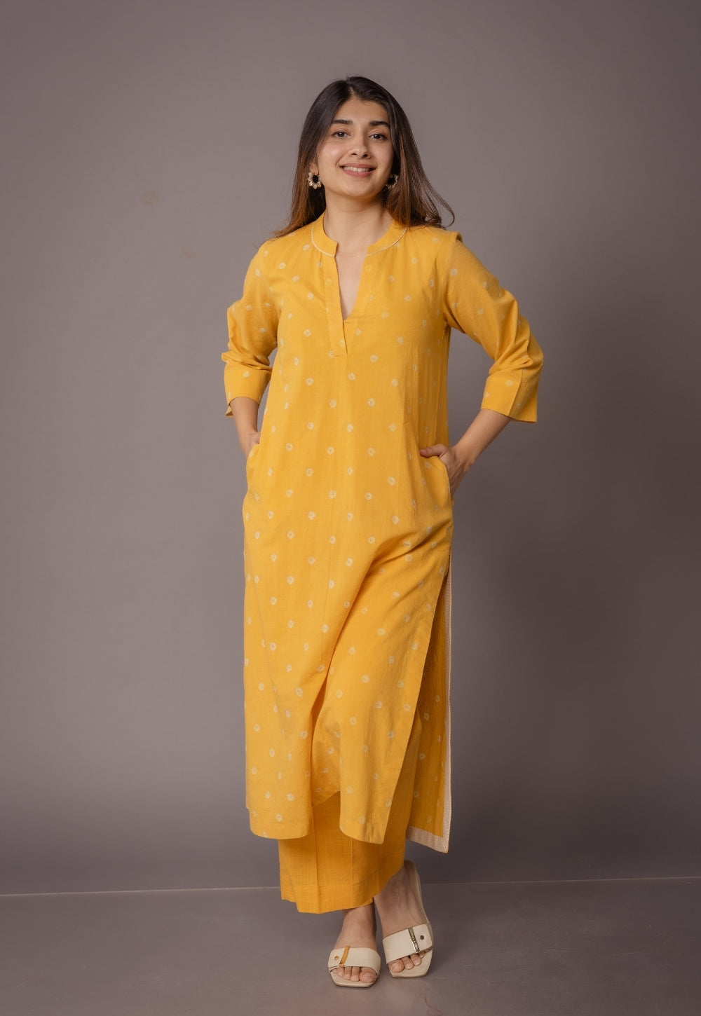 Tanya Yellow Bandhani Cotton Straight Kurta Set (Set of 2)