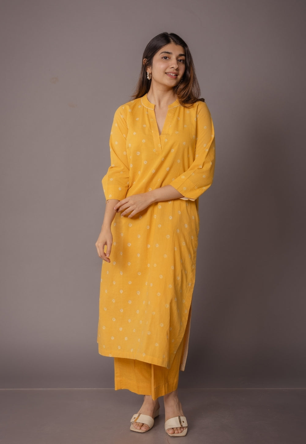 Tanya Yellow Bandhani Cotton Straight Kurta Set (Set of 2)