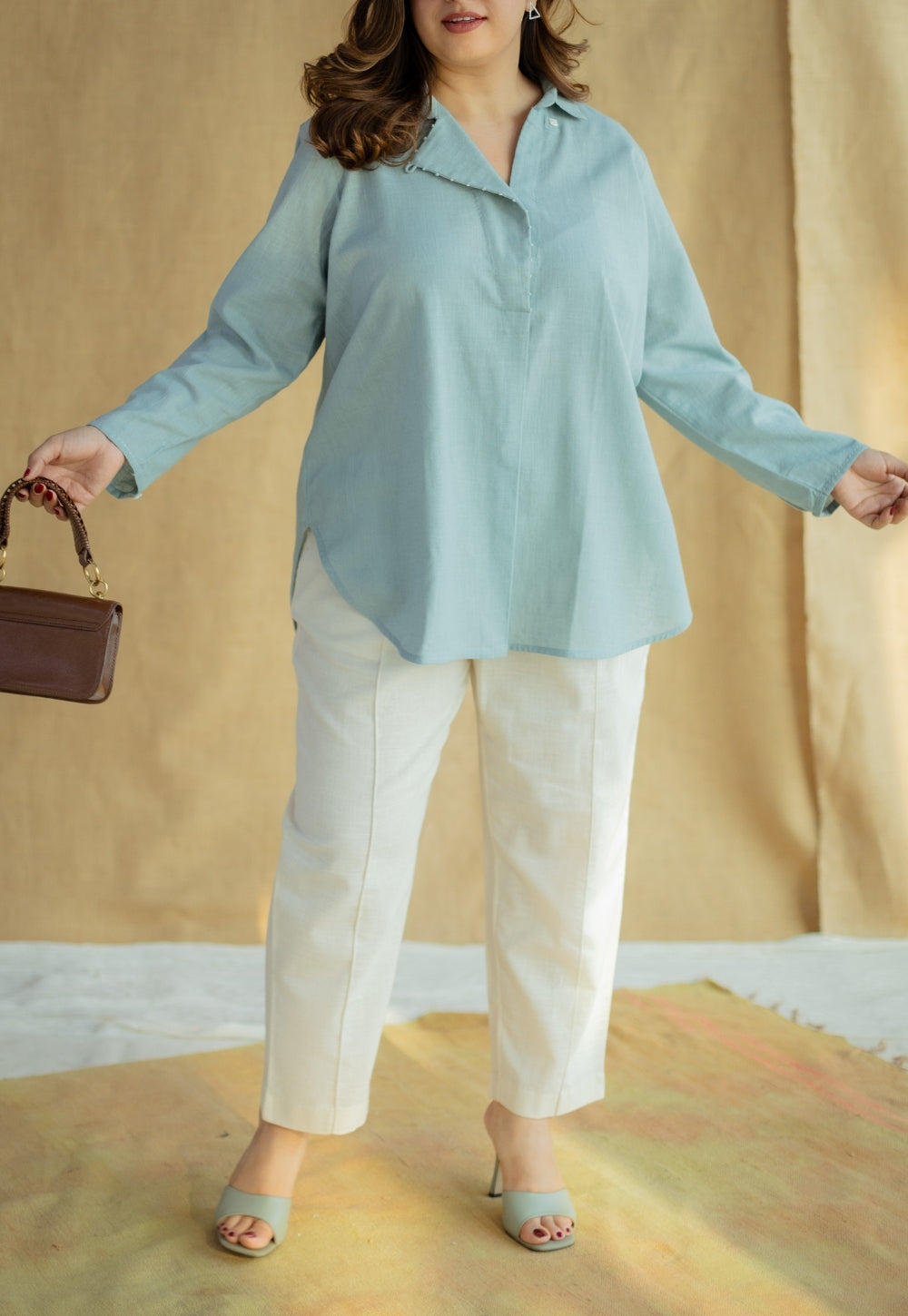 Reem Sky Blue Solid Slub Cotton Anti-Fit Short Top with Hand Embroidery