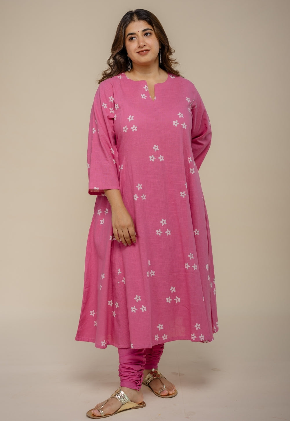 Malika Pink Hand Block Printed Slub Cotton Kali Kurta