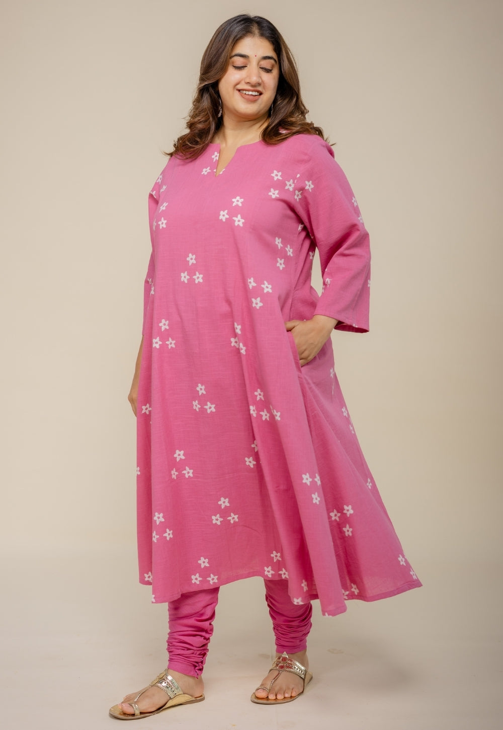 Malika Pink Hand Block Printed Slub Cotton Kali Kurta