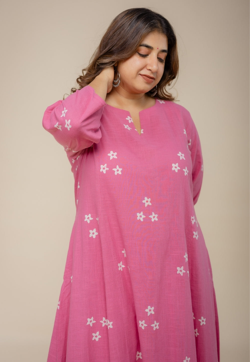Malika Pink Hand Block Printed Slub Cotton Kali Kurta