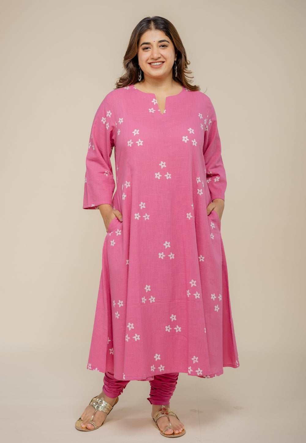 Malika Pink Hand Block Printed Slub Cotton Kali Kurta