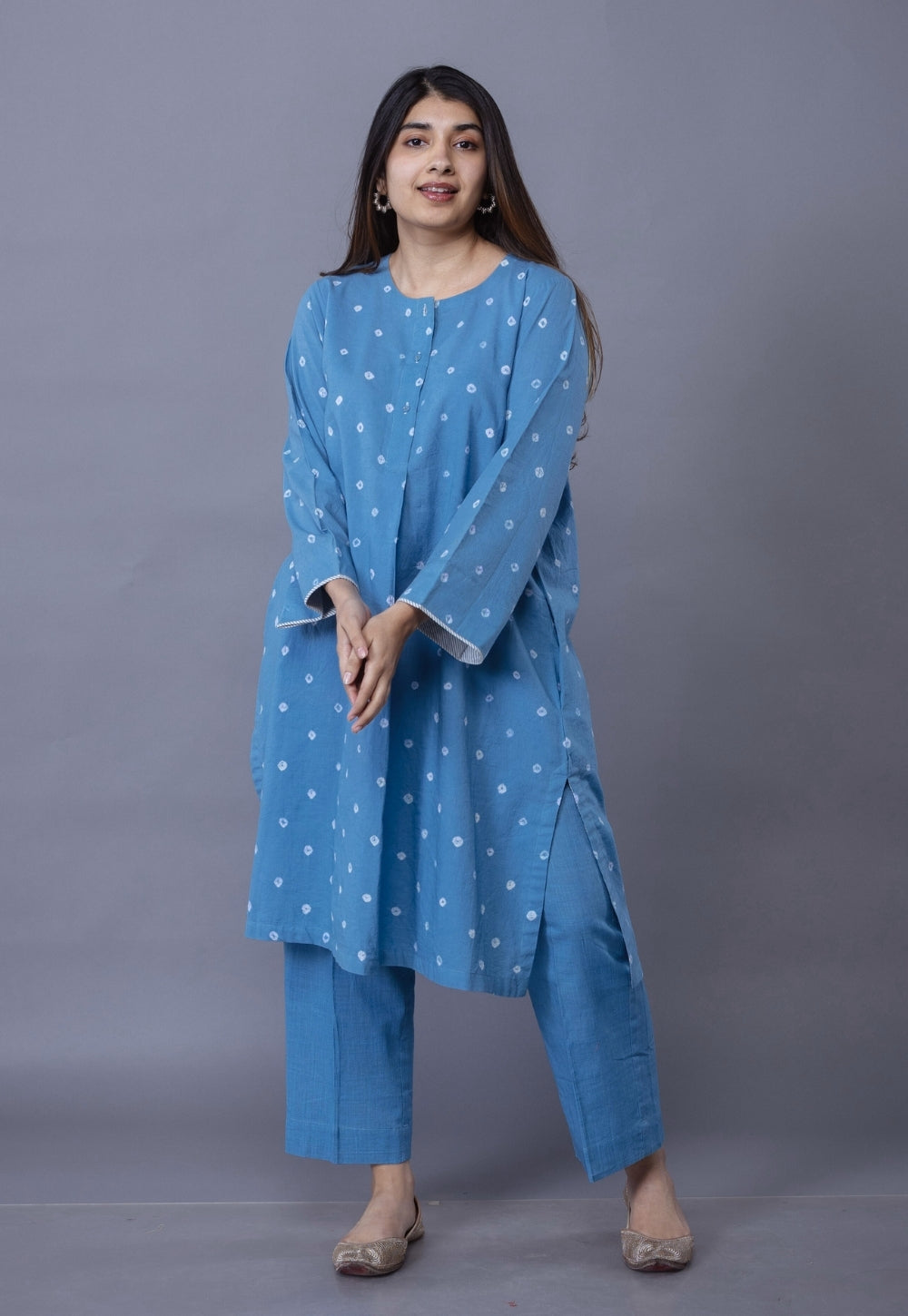 Kaaya Blue Bandhani Cotton Straight Kurta Set (Set of 2)