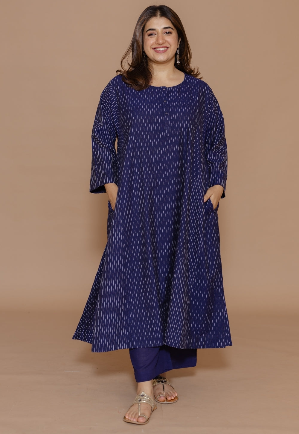 Alizah Blue Handloom Ikkat Cotton Jhabbha Kali Kurta