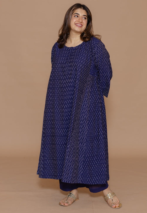 Alizah Blue Handloom Ikkat Cotton Jhabbha Kali Kurta