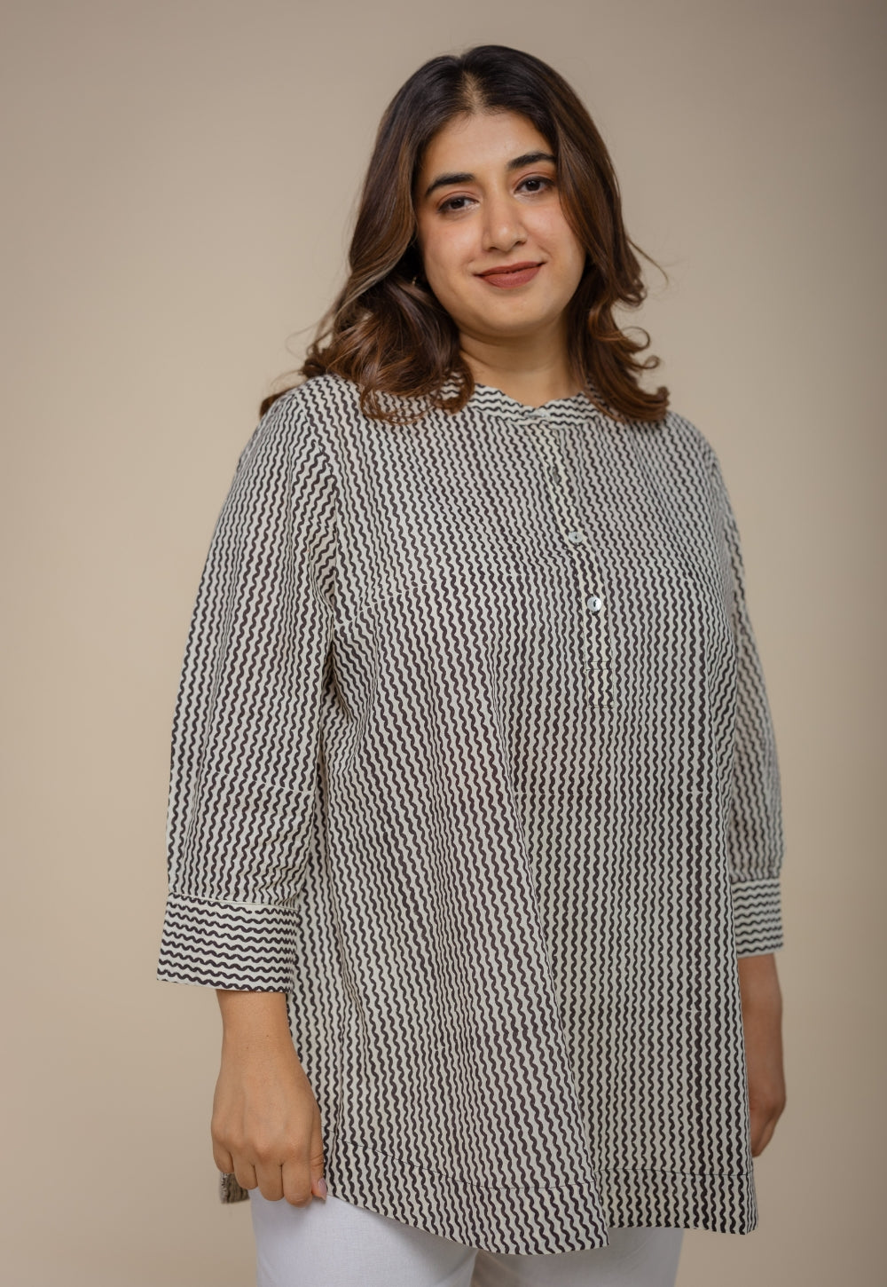 Daisy Off White Hand Block Print Cotton Straight Short Top