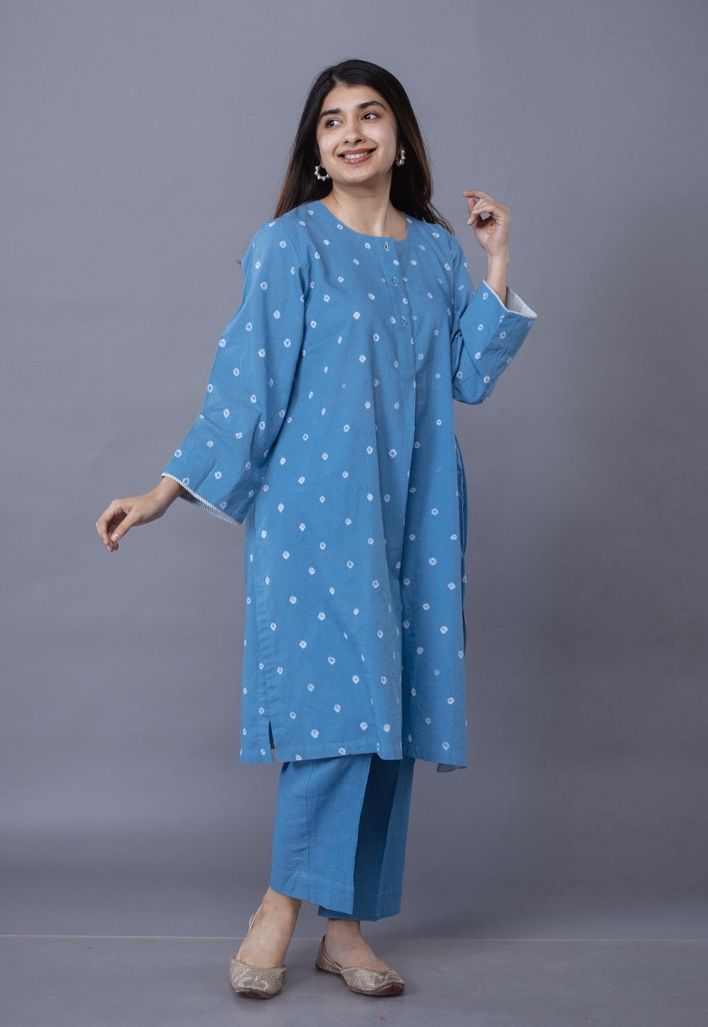 Kaaya Blue Bandhani Cotton Straight Kurta Set (Set of 2)