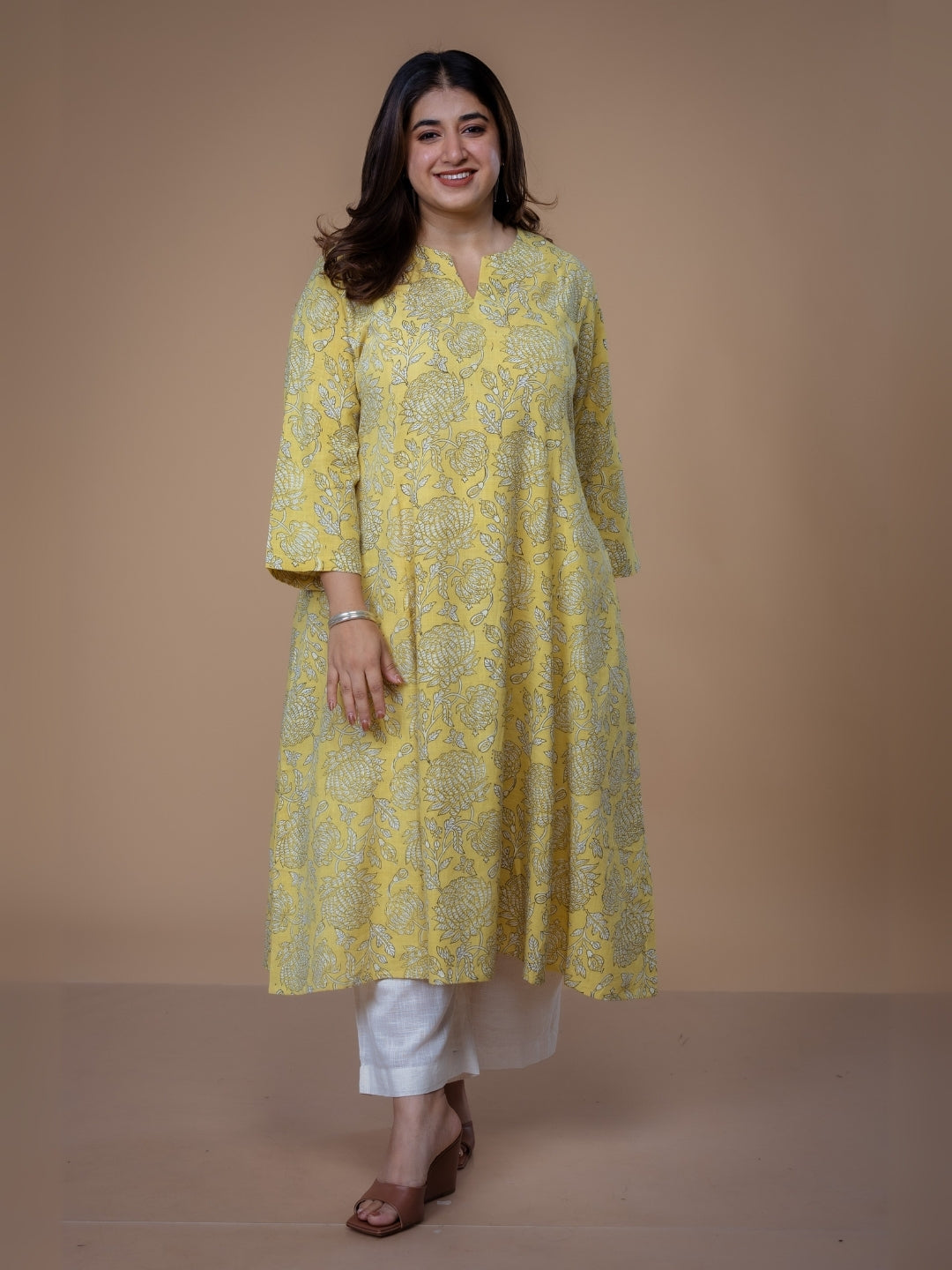 Malika Yellow Dabu Slub Cotton Kali Kurta