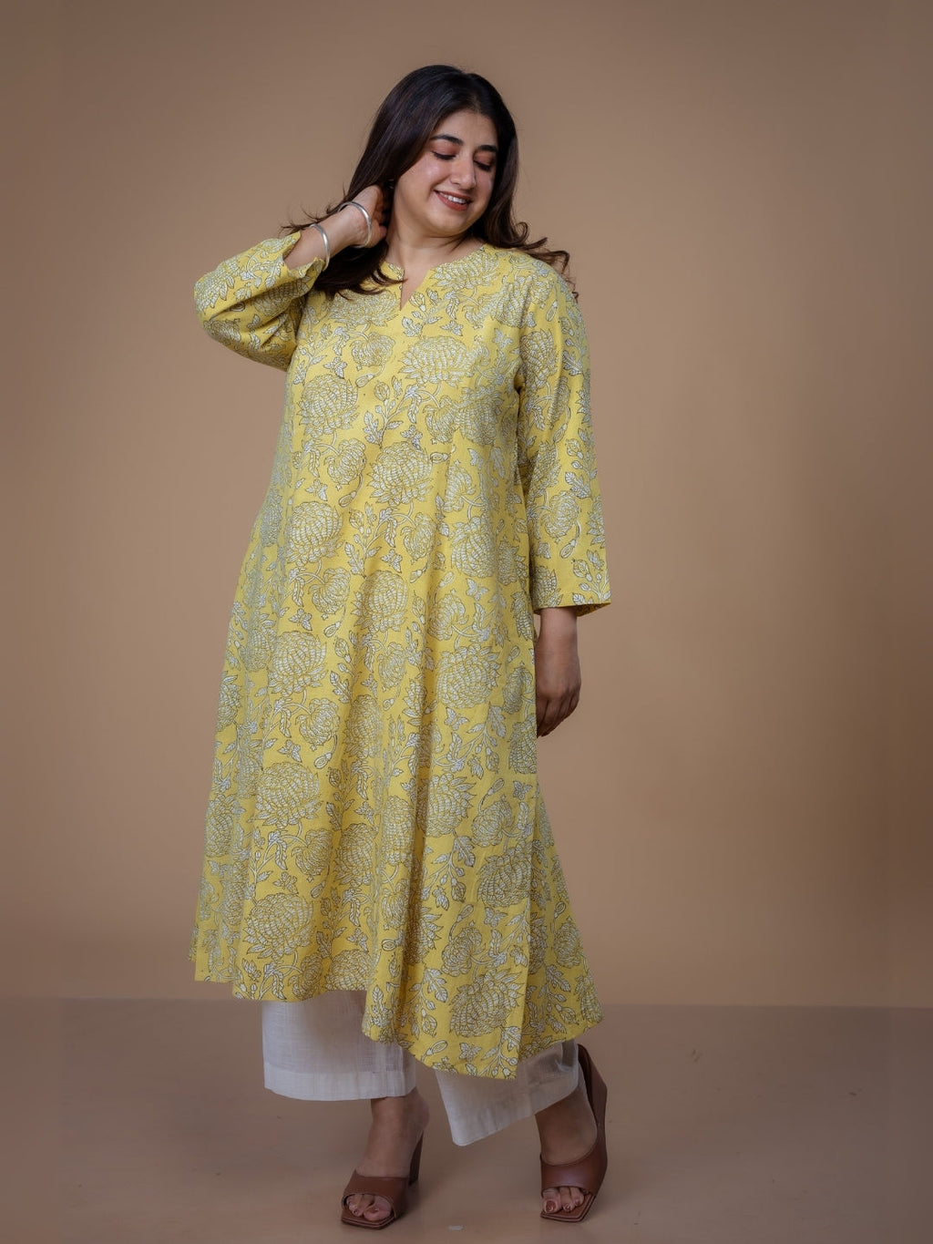 Malika Yellow Dabu Slub Cotton Kali Kurta