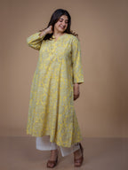 Malika Yellow Dabu Slub Cotton Kali Kurta