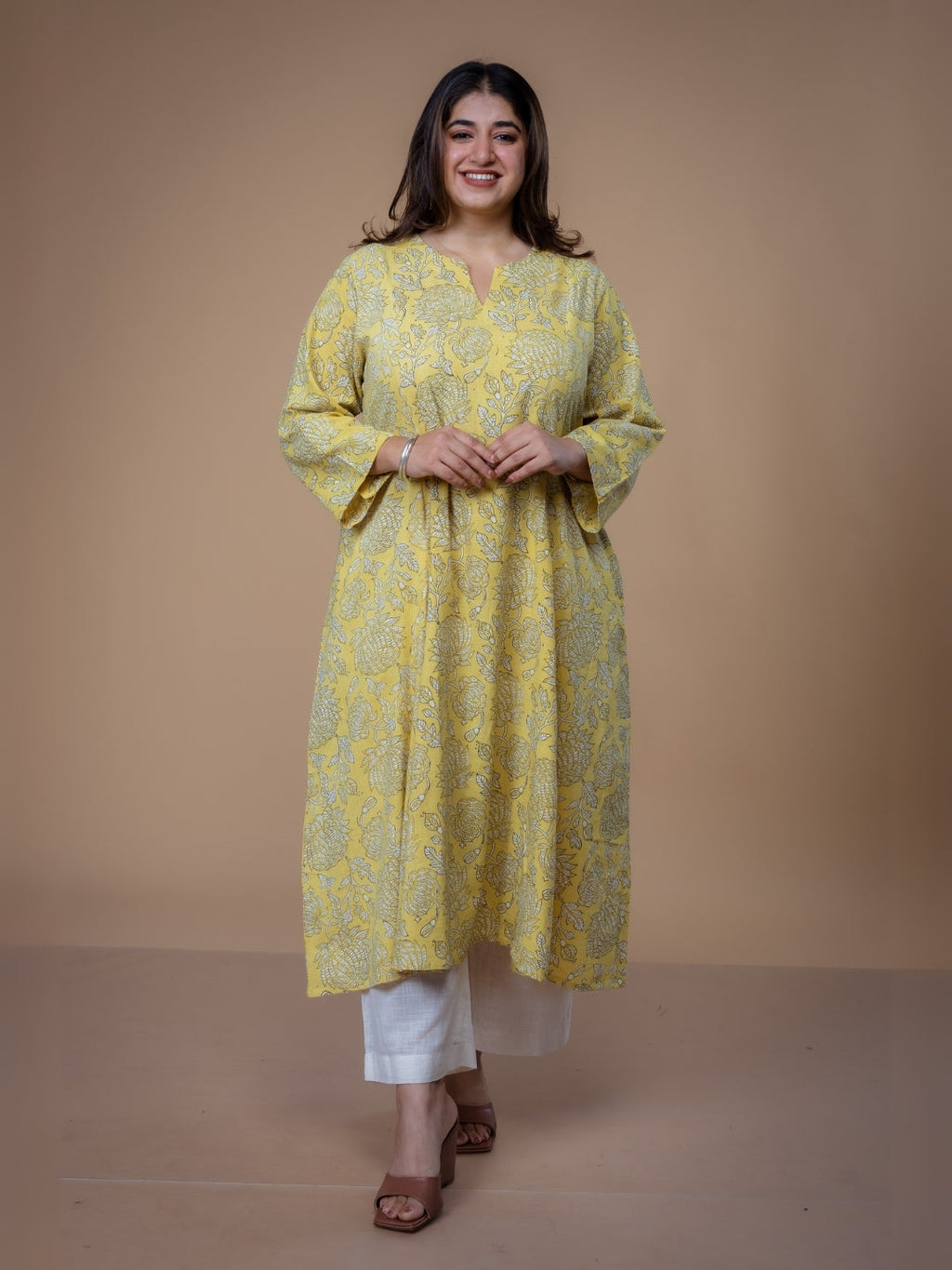Malika Yellow Dabu Slub Cotton Kali Kurta