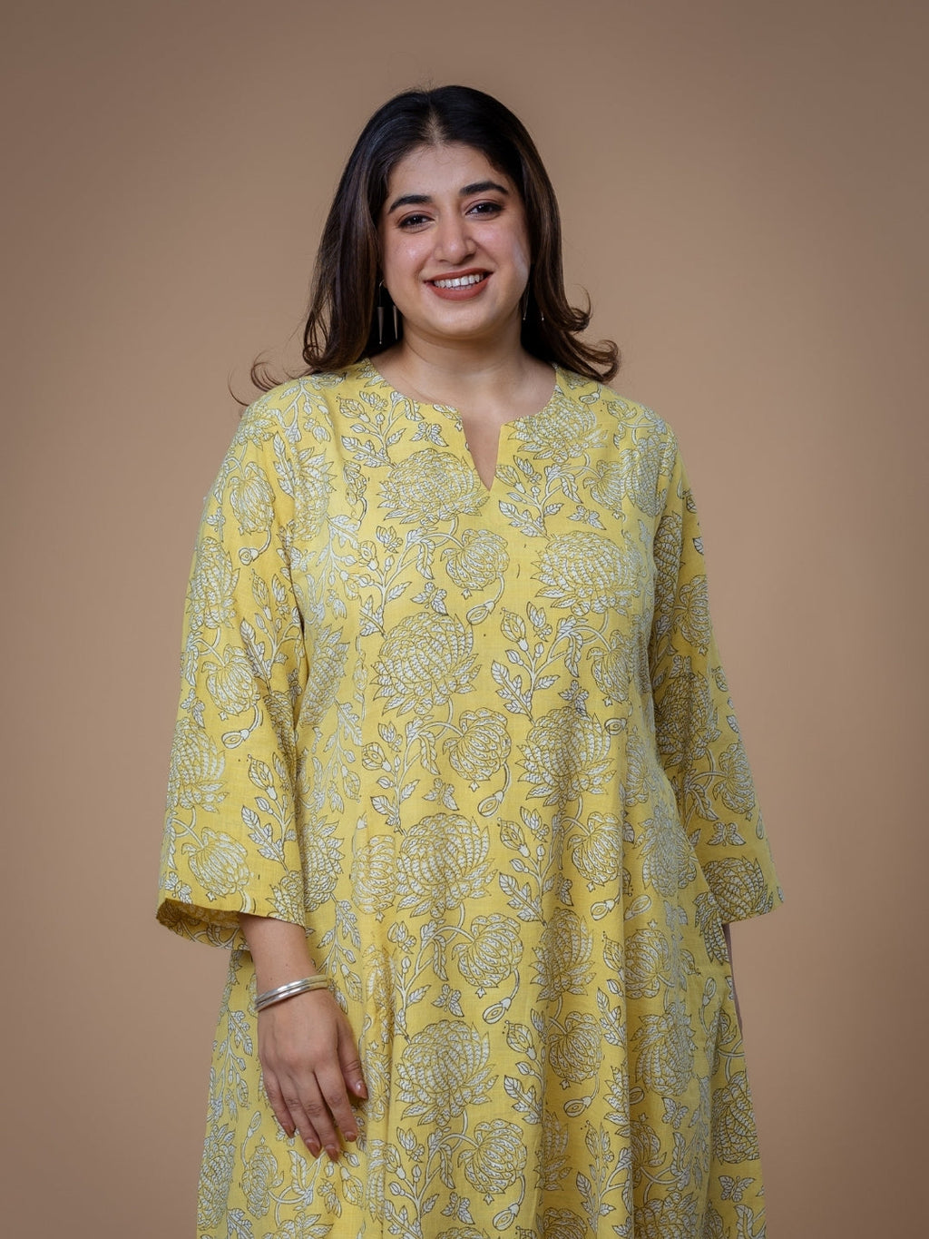 Malika Yellow Dabu Slub Cotton Kali Kurta