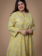 Malika Yellow Dabu Slub Cotton Kali Kurta