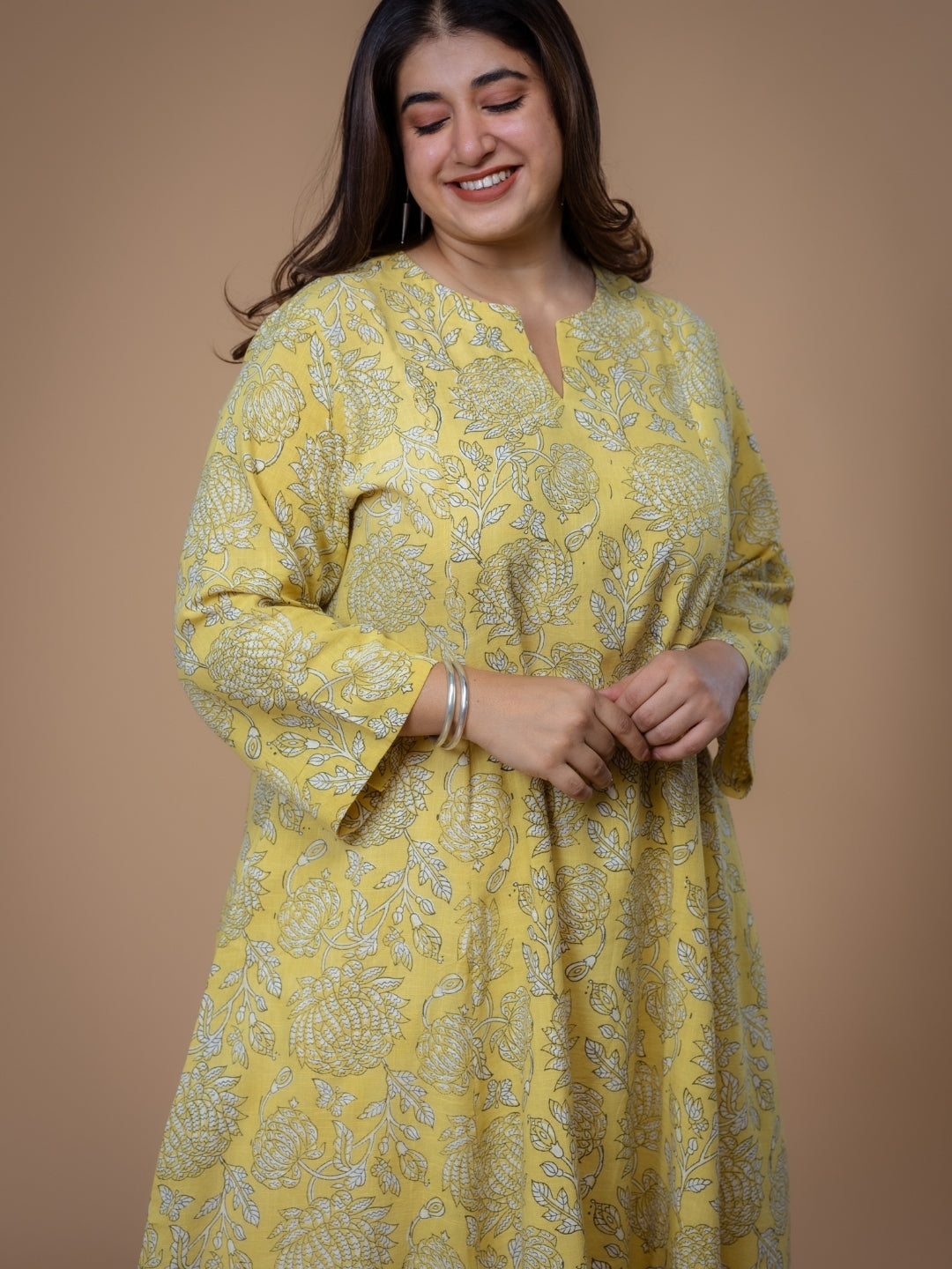 Malika Yellow Dabu Slub Cotton Kali Kurta
