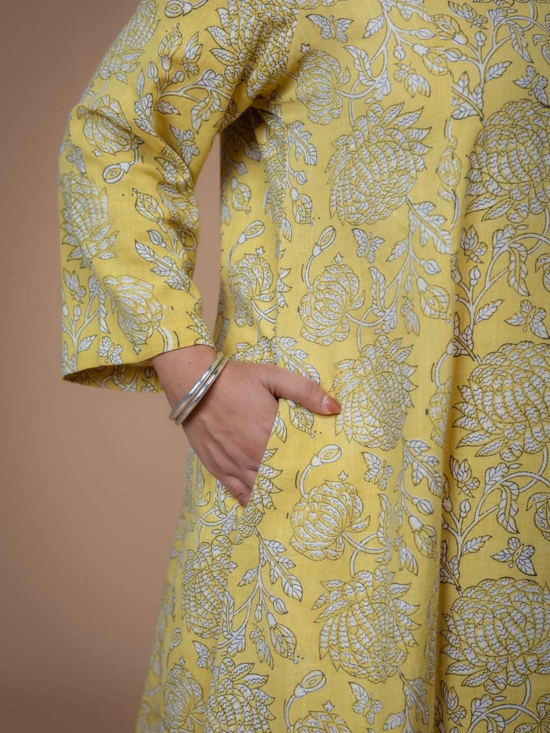 Malika Yellow Dabu Slub Cotton Kali Kurta