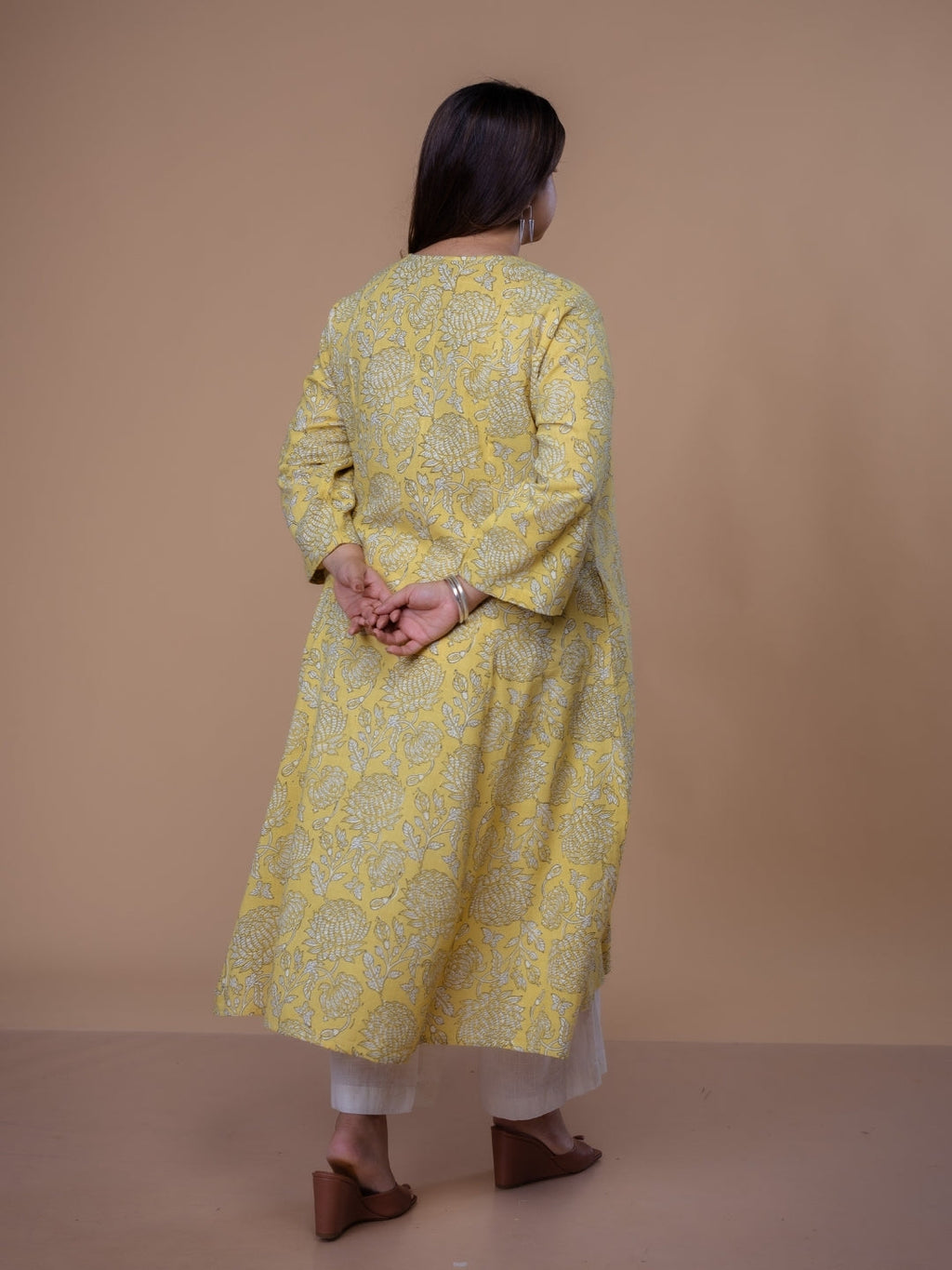 Malika Yellow Dabu Slub Cotton Kali Kurta