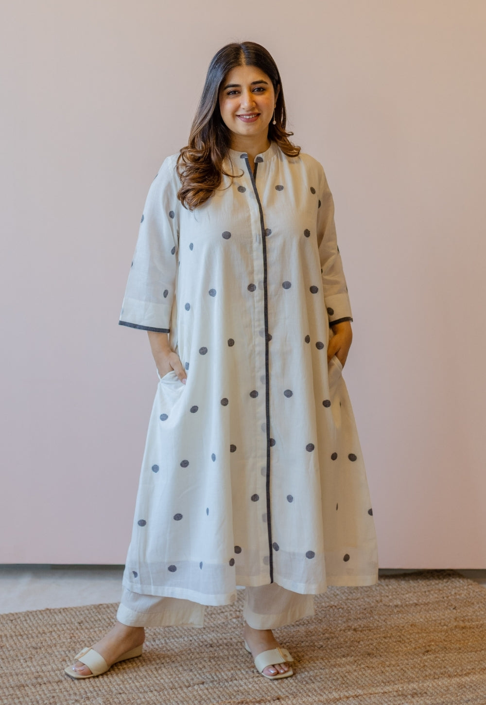 Aditi Off White Jamdani Handloom Cotton A Line Kurta