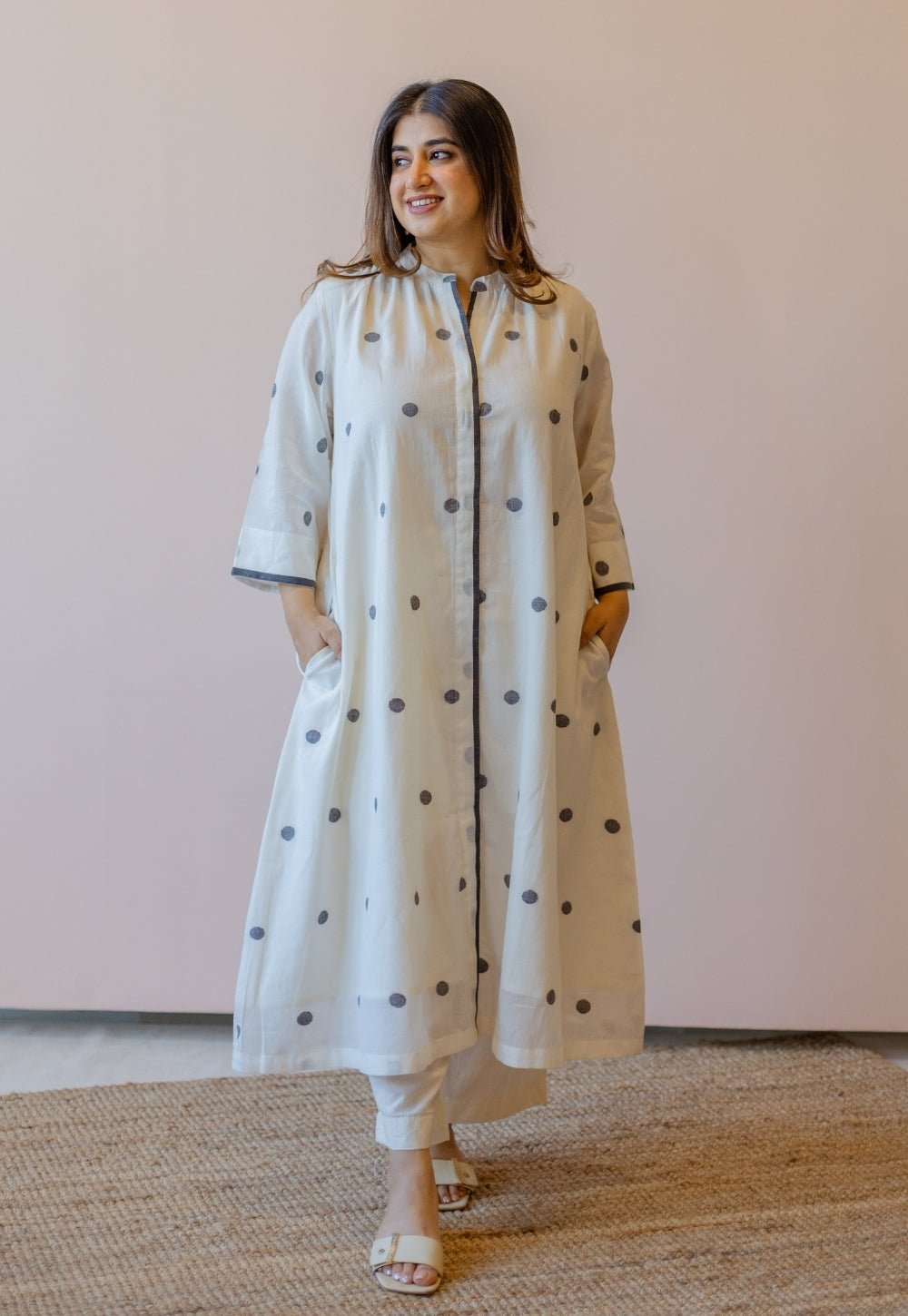 Aditi Off White Jamdani Handloom Cotton A Line Kurta