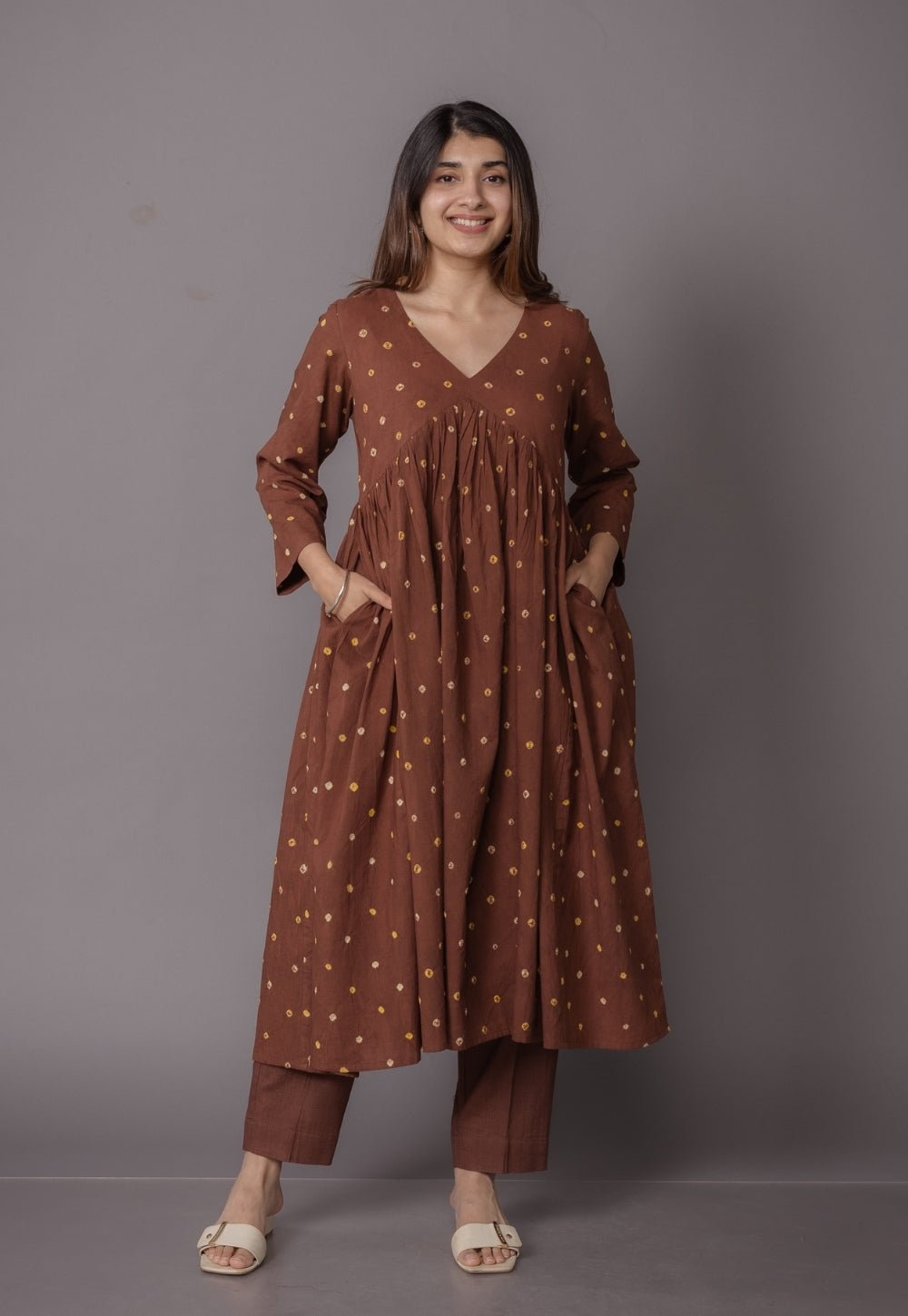 Trupti Brown Bandhani Cotton A Line Kurta Set (Set of 3)