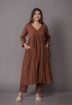 Trupti Brown Bandhani Cotton A Line Kurta Set (Set of 3)