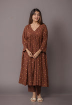 Trupti Brown Bandhani Cotton A Line Kurta Set (Set of 3)