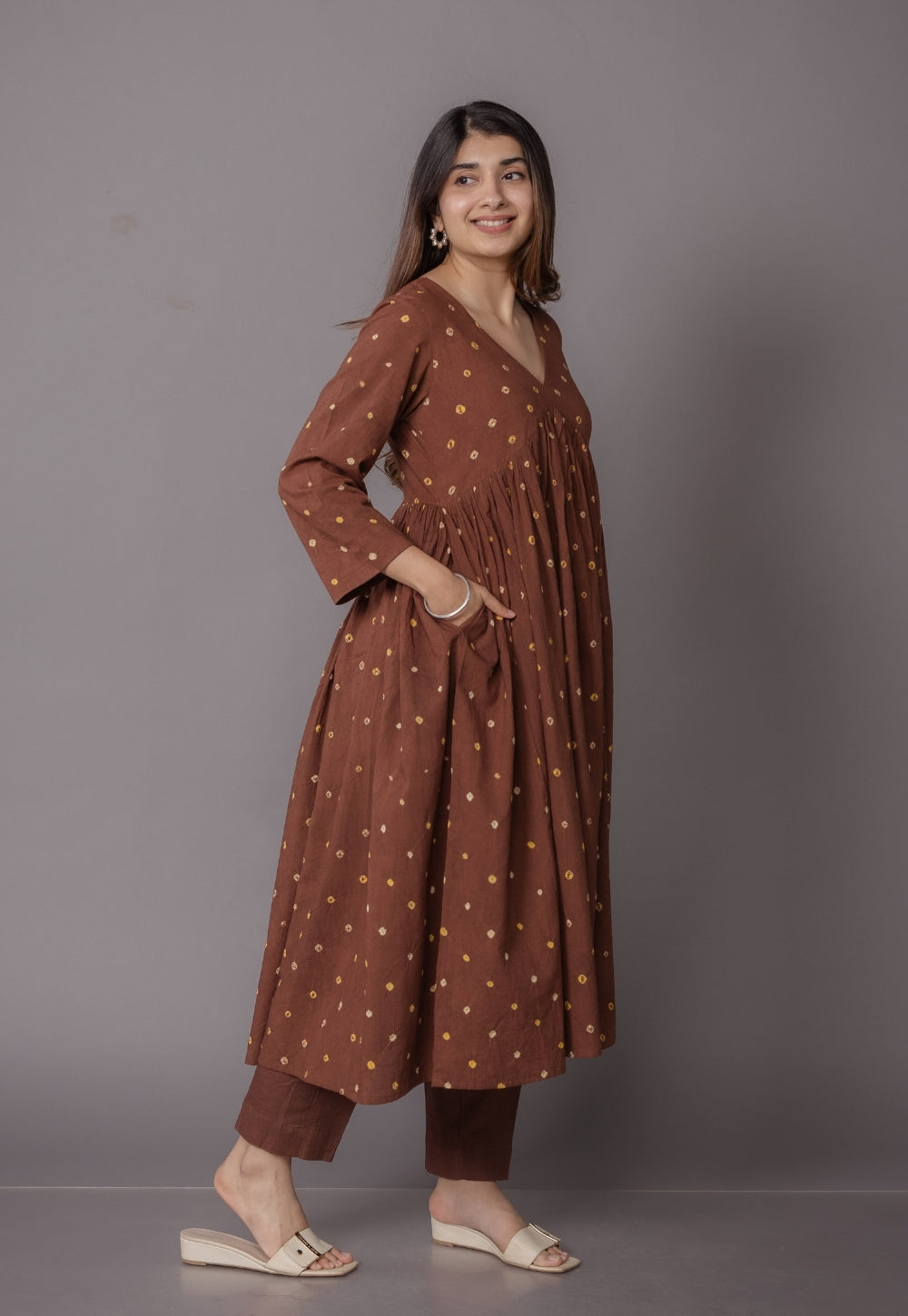 Trupti Brown Bandhani Cotton A Line Kurta Set (Set of 3)
