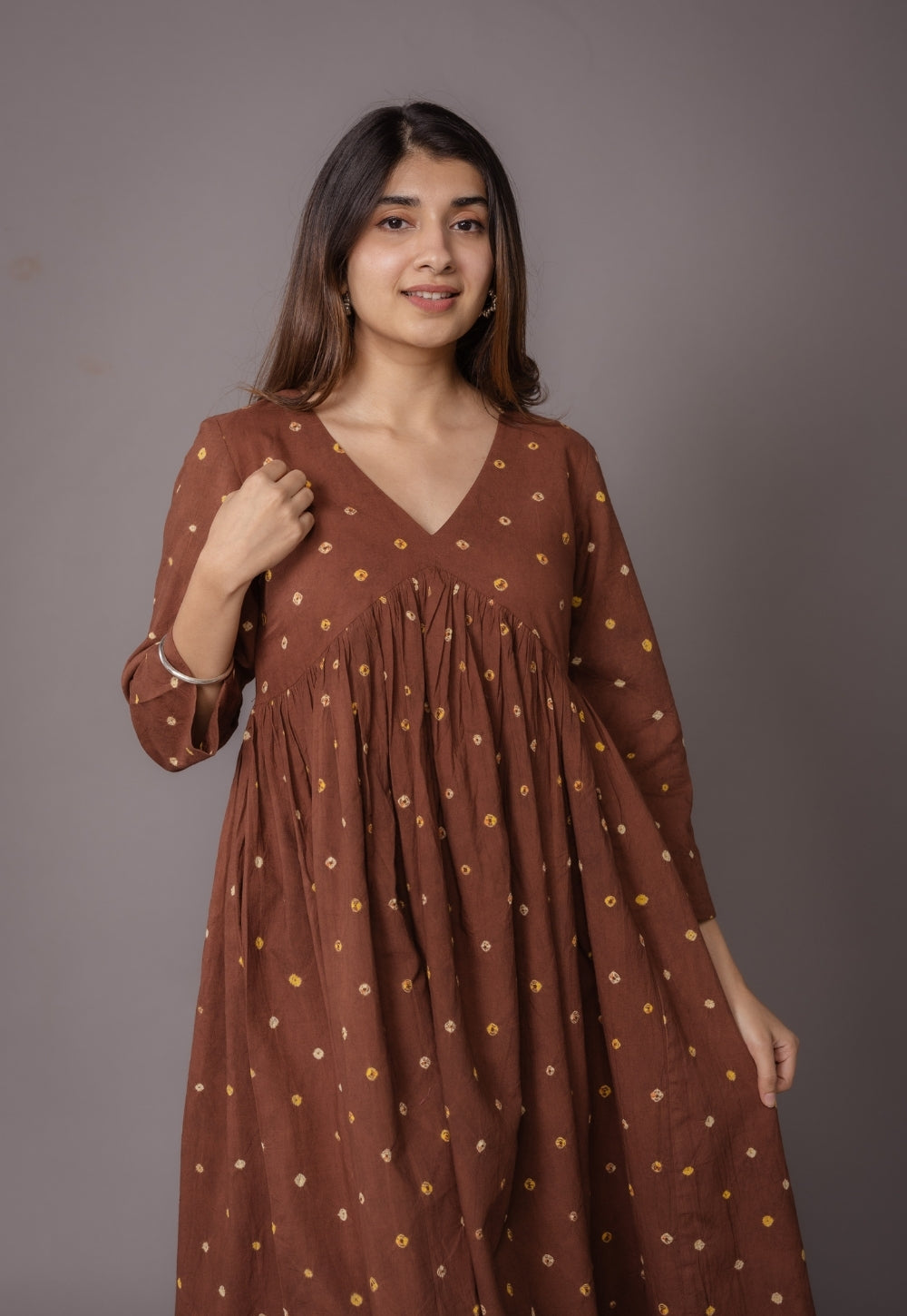 Trupti Brown Bandhani Cotton A Line Kurta Set (Set of 3)