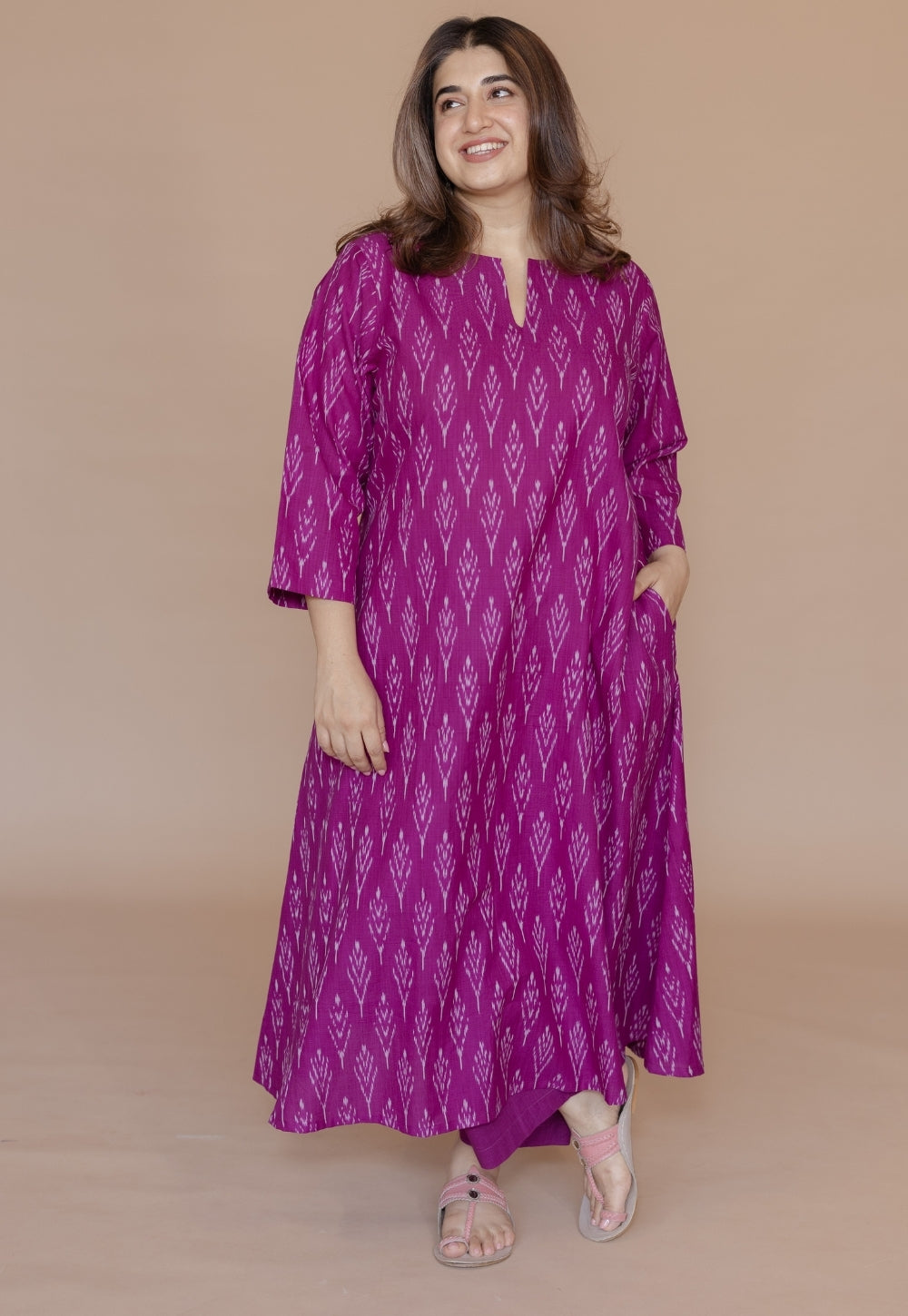 Geet Purple Handloom Ikkat Cotton A Line Kurta