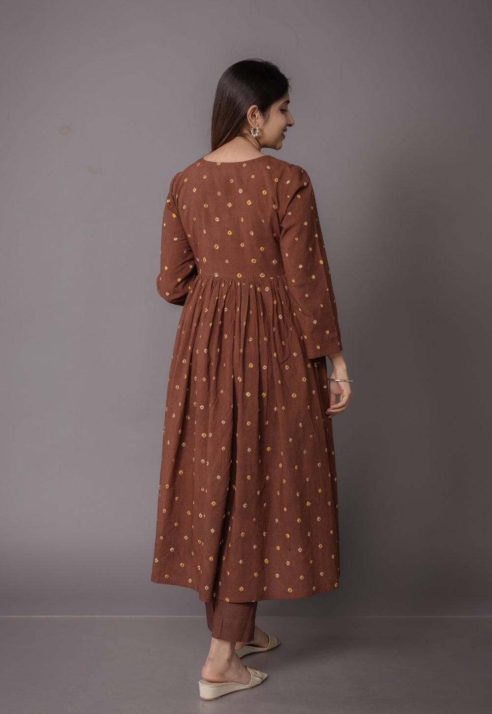 Trupti Brown Bandhani Cotton A Line Kurta Set (Set of 3)