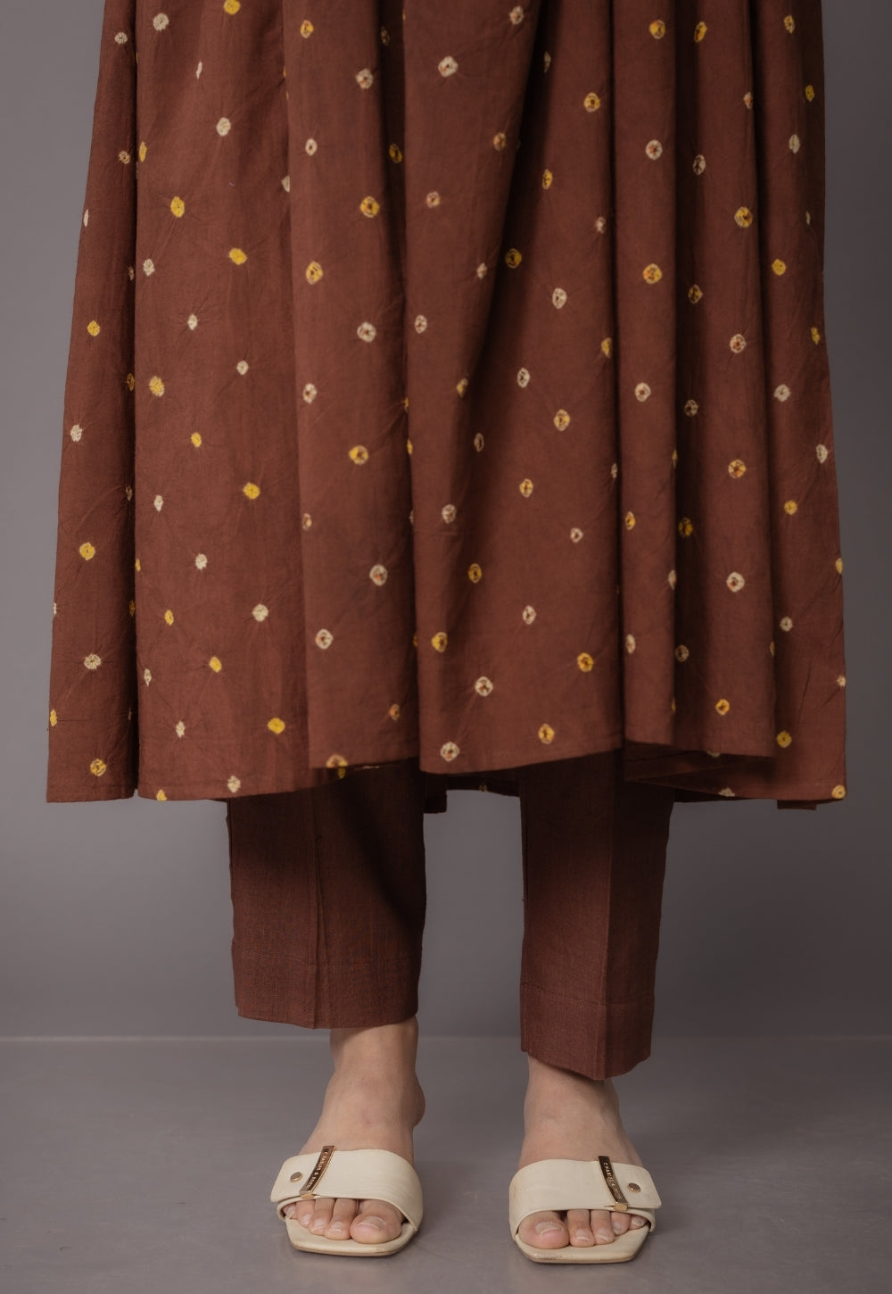 Trupti Brown Bandhani Cotton A Line Kurta Set (Set of 3)