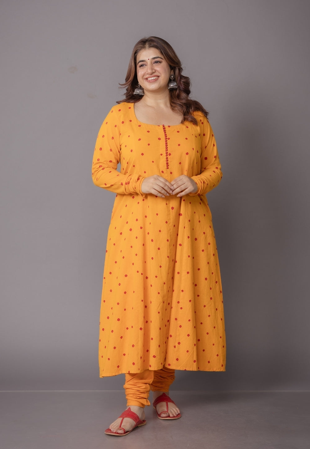 Akrita Yellow Bandhani Cotton Kali kurta Set (Set of 2)