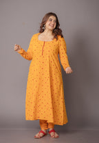 Akrita Yellow Bandhani Cotton Kali kurta Set (Set of 2)
