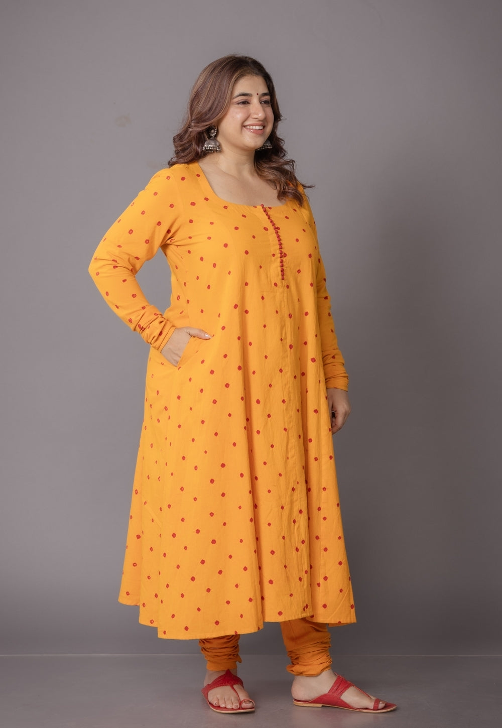 Akrita Yellow Bandhani Cotton Kali kurta Set (Set of 2)