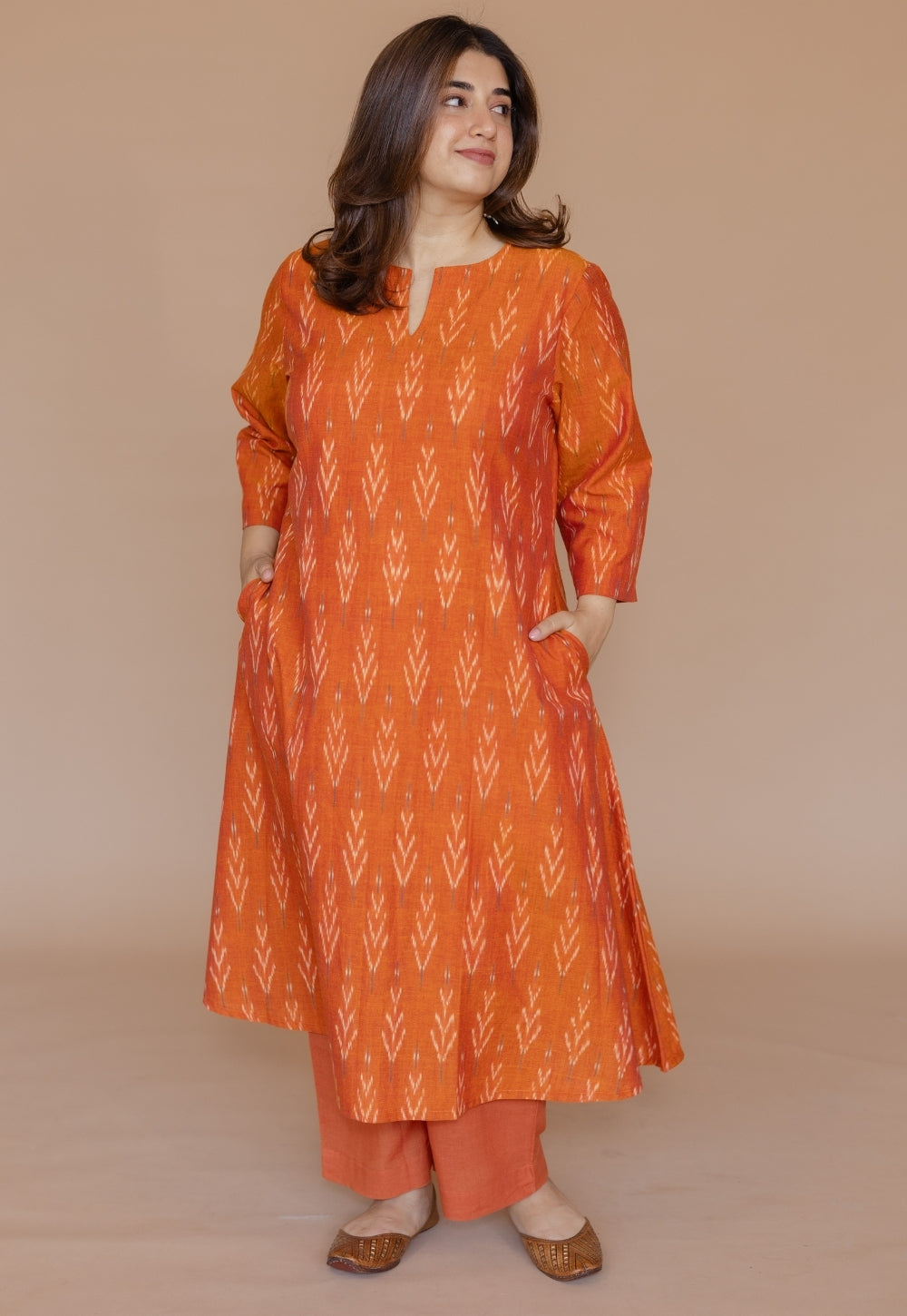 Geet Orange Handloom Ikkat Cotton A Line Kurta