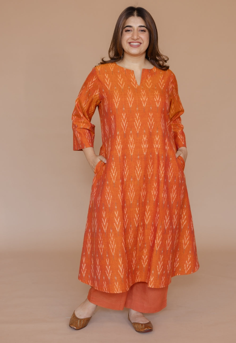 Geet Orange Handloom Ikkat Cotton A Line Kurta
