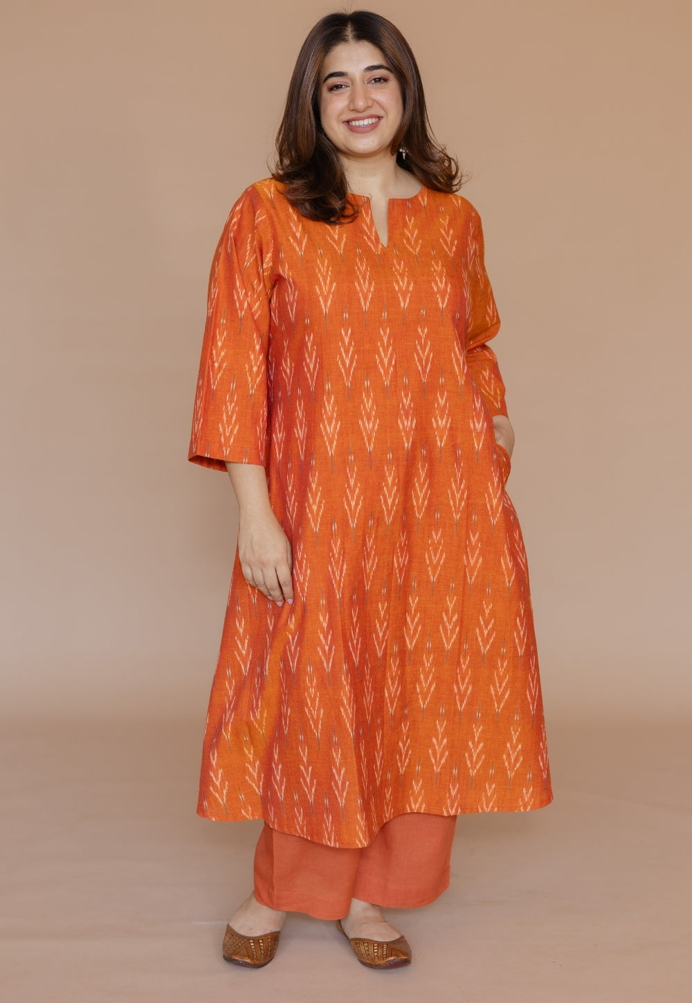 Geet Orange Handloom Ikkat Cotton A Line Kurta