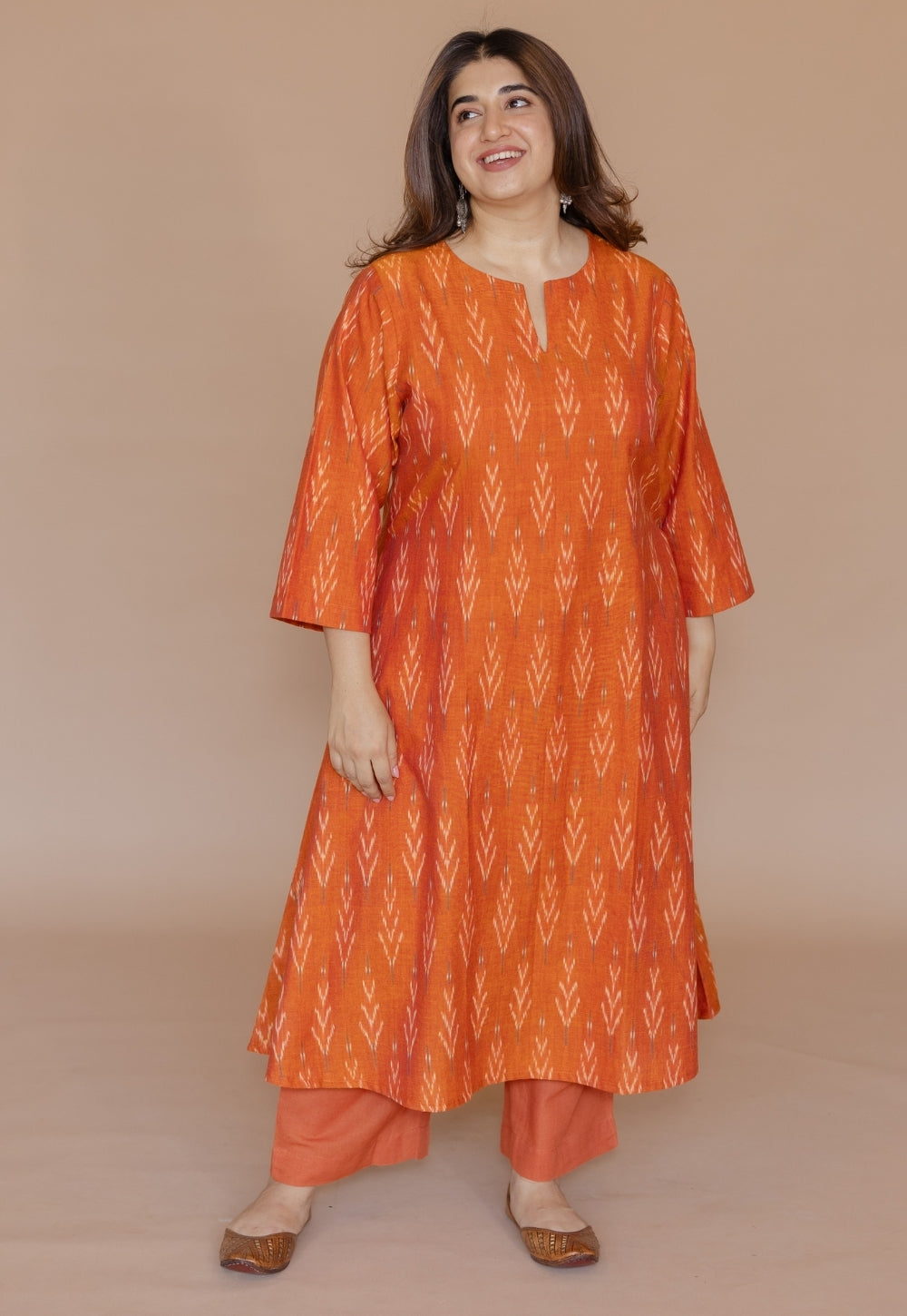 Geet Orange Handloom Ikkat Cotton A Line Kurta