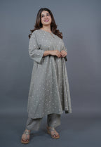 Atika Grey Bandhani Cotton Jhabbha Kali Kurta Set with Embroidery (Set of 2)