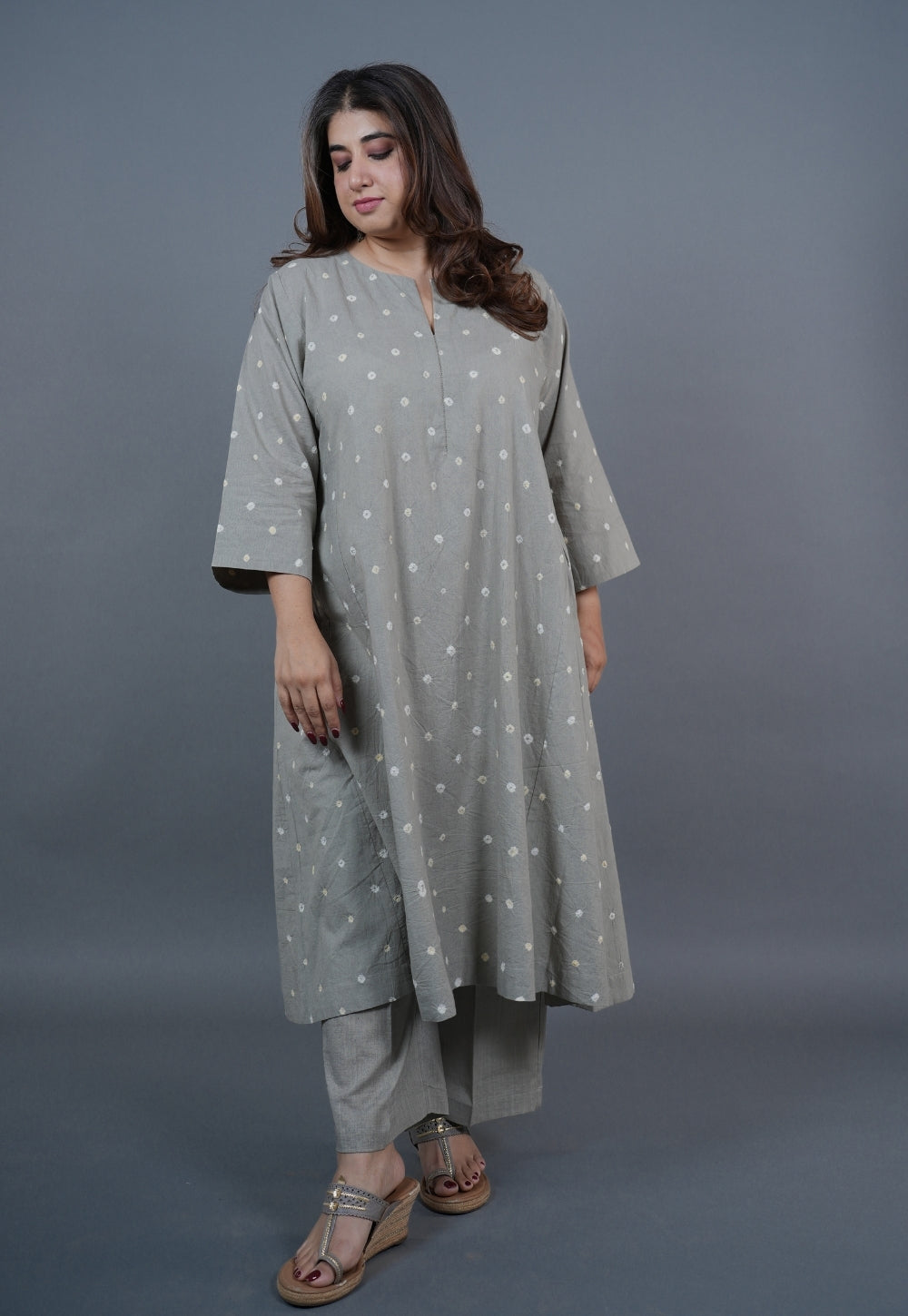 Atika Grey Bandhani Cotton Jhabbha Kali Kurta Set with Embroidery (Set of 2)