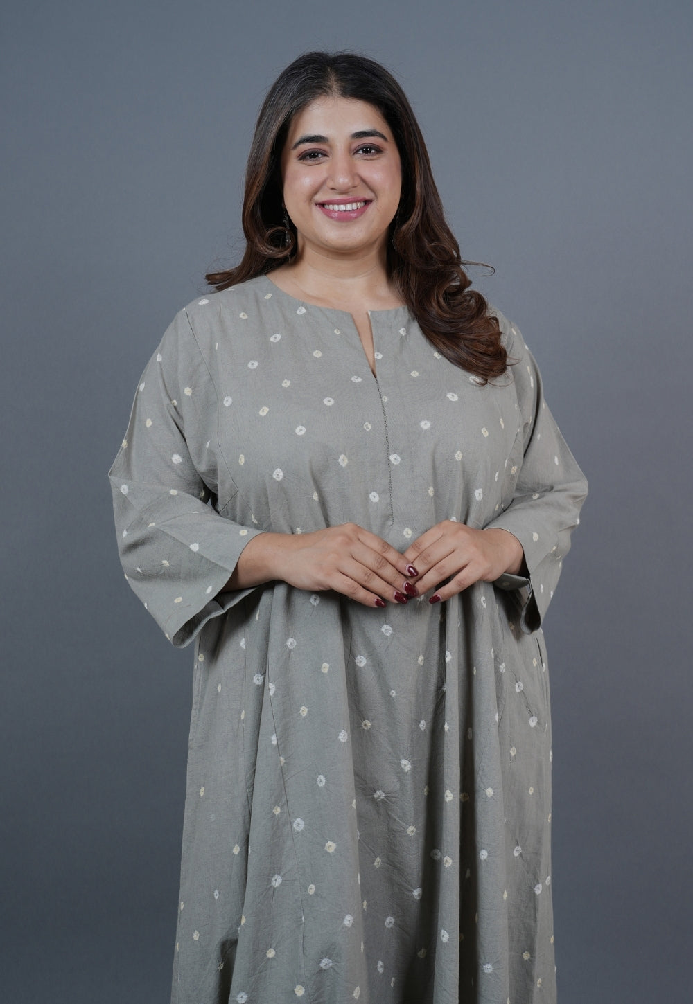 Atika Grey Bandhani Cotton Jhabbha Kali Kurta Set with Embroidery (Set of 2)