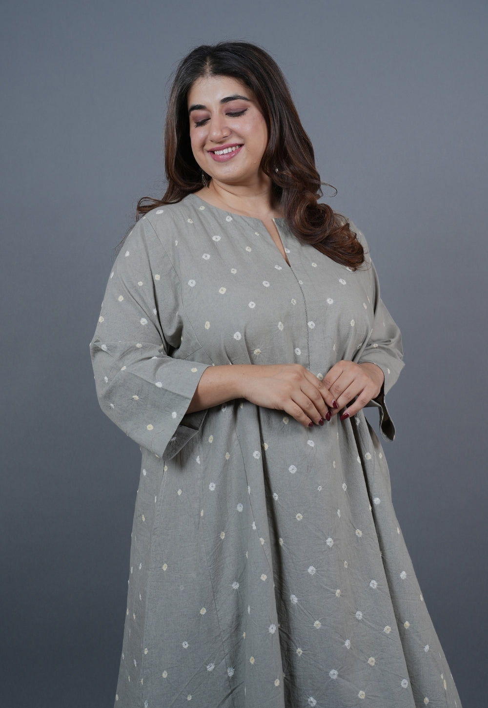 Atika Grey Bandhani Cotton Jhabbha Kali Kurta Set with Embroidery (Set of 2)