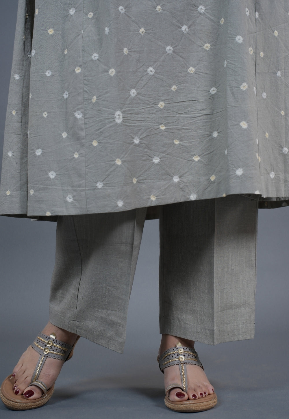 Atika Grey Bandhani Cotton Jhabbha Kali Kurta Set with Embroidery (Set of 2)