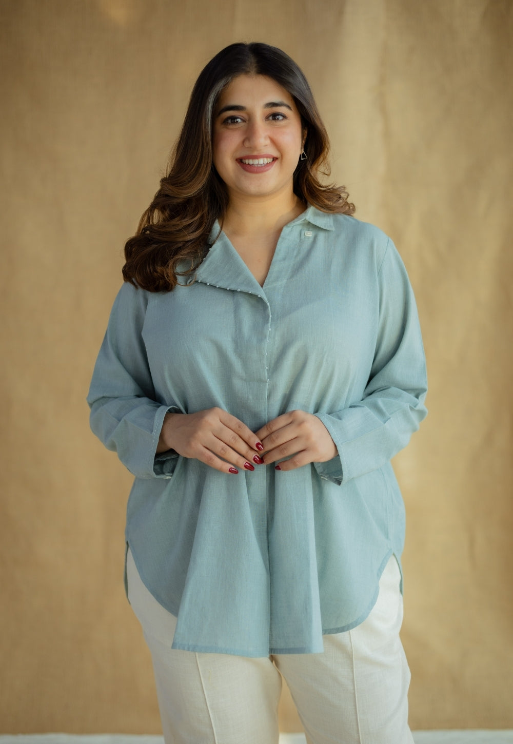 Reem Sky Blue Solid Slub Cotton Anti-Fit Short Top with Hand Embroidery