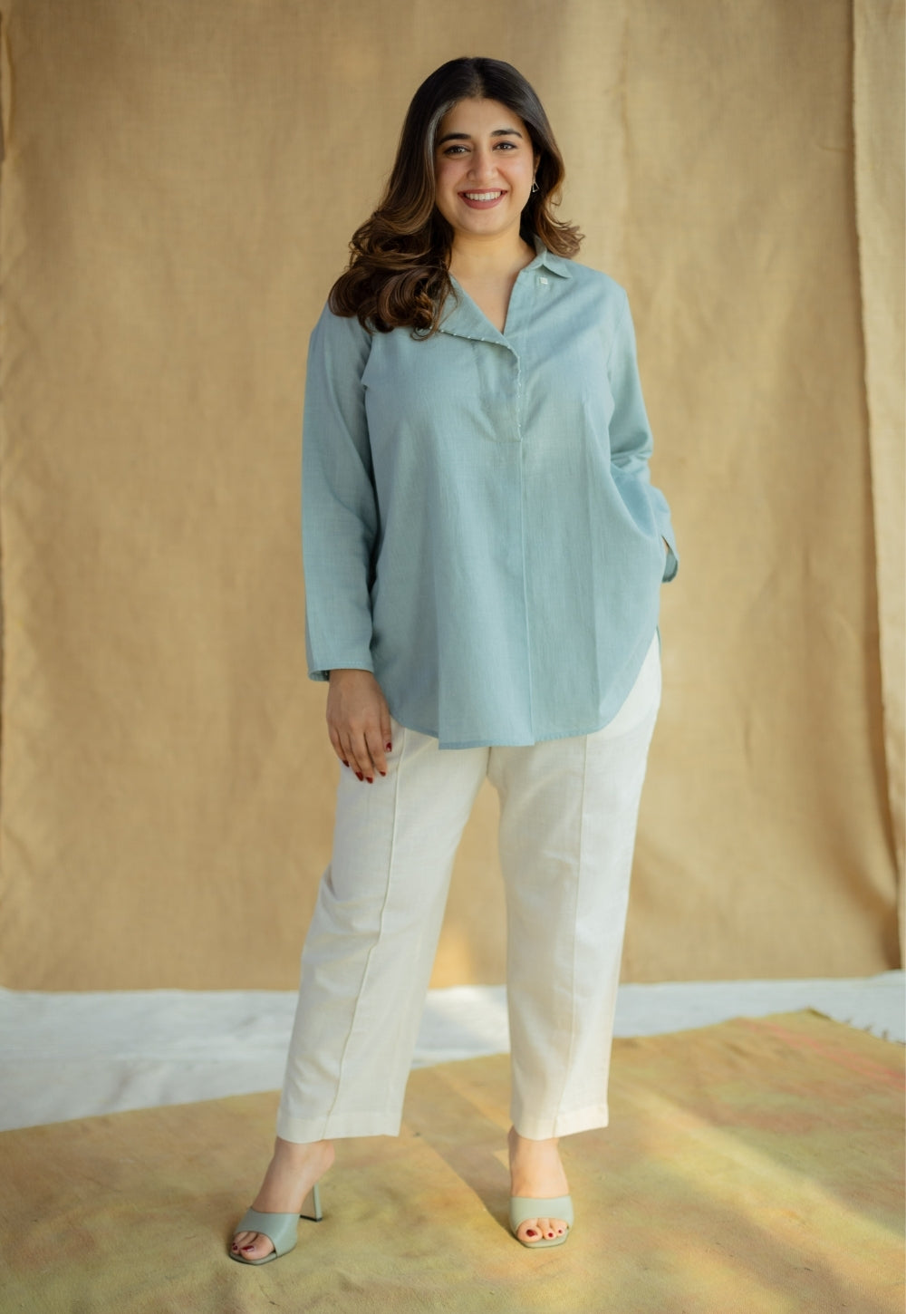 Reem Sky Blue Solid Slub Cotton Anti-Fit Short Top with Hand Embroidery