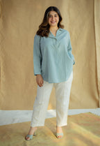 Reem Sky Blue Solid Slub Cotton Anti-Fit Short Top with Hand Embroidery