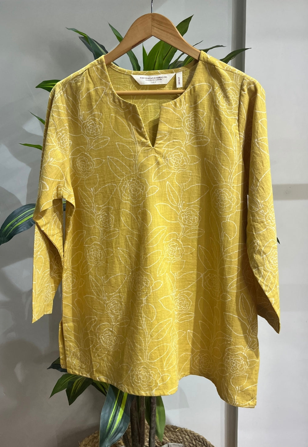 Tapsi Yellow Hand Block Print Slub Cotton Straight Short Top