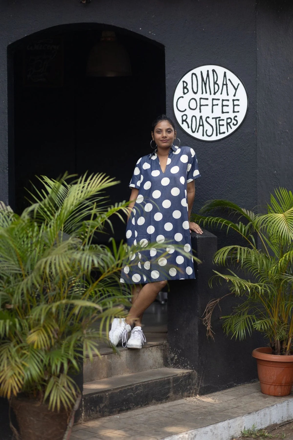 Noa Dress in Blue White Polka
