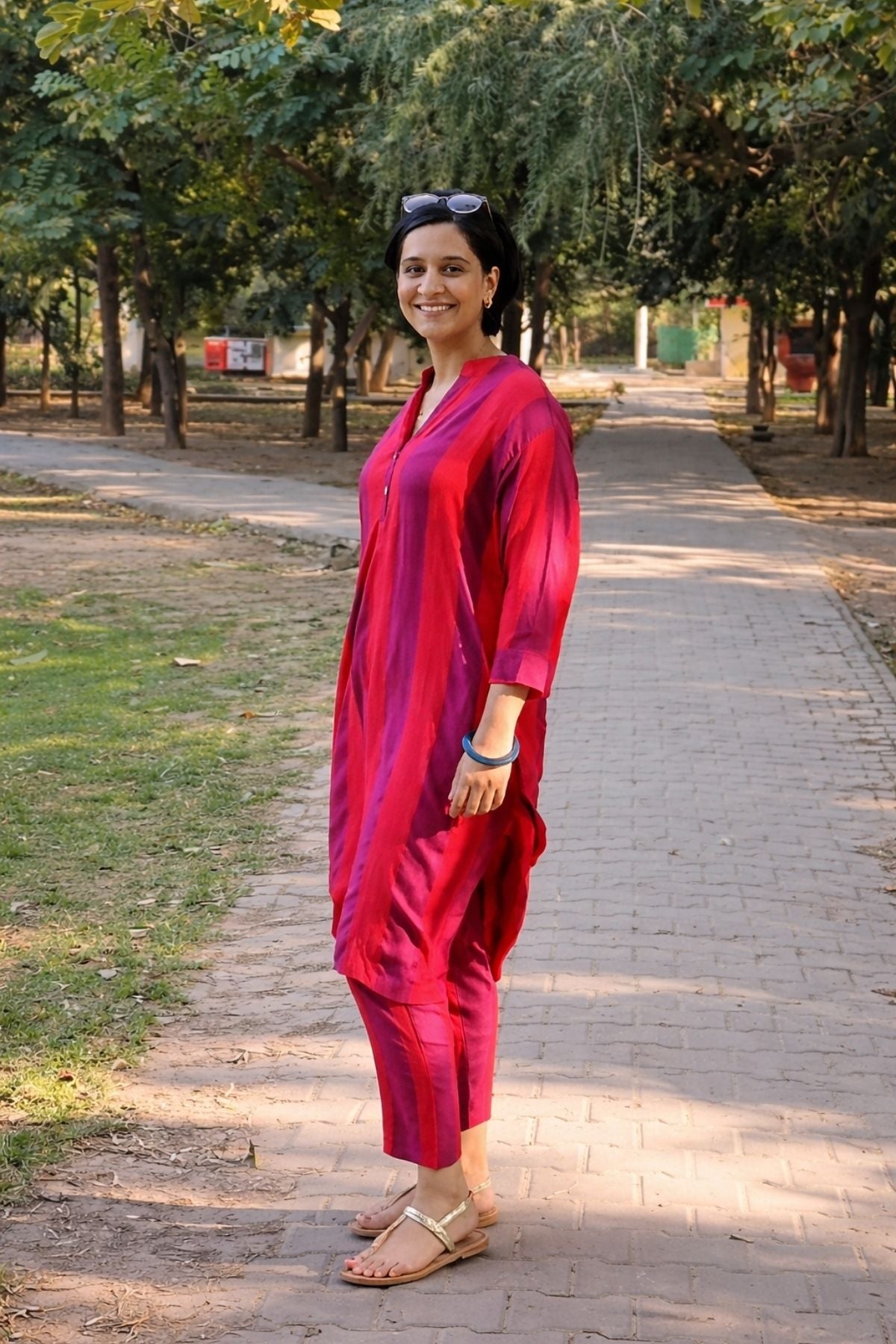 Ojal Coord Set in Red Purple Stripes