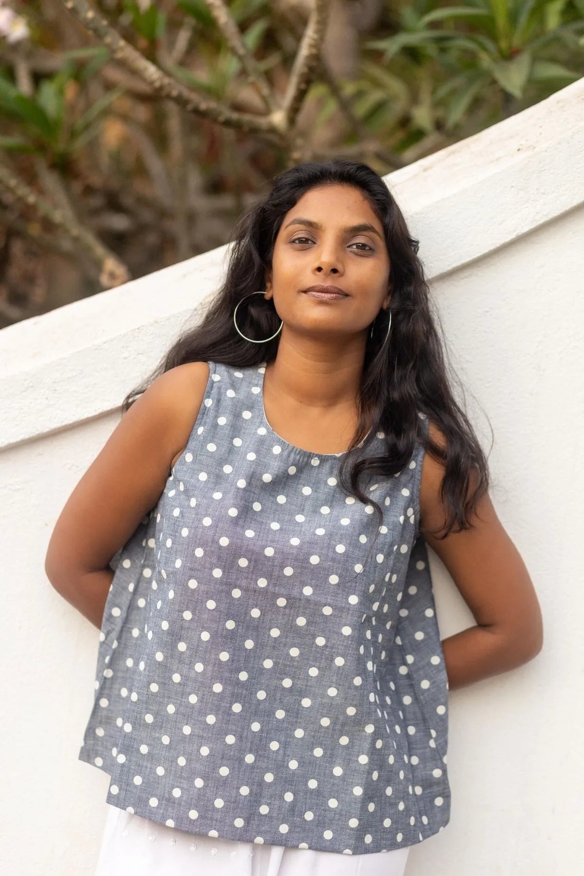 Sleeveless Swing Top in White Blue Polka